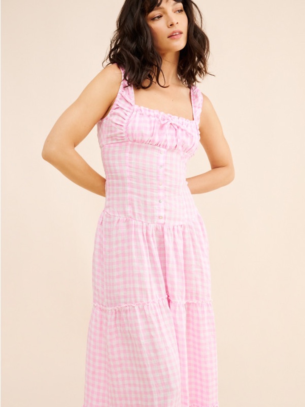 Frankie’s Bikinis Christabelle Linen Pink Gingham Maxi Dress L